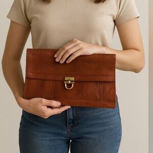 Vintage Leather Clutch Purse Classic Foldover Bag with Brass Clasp Brown